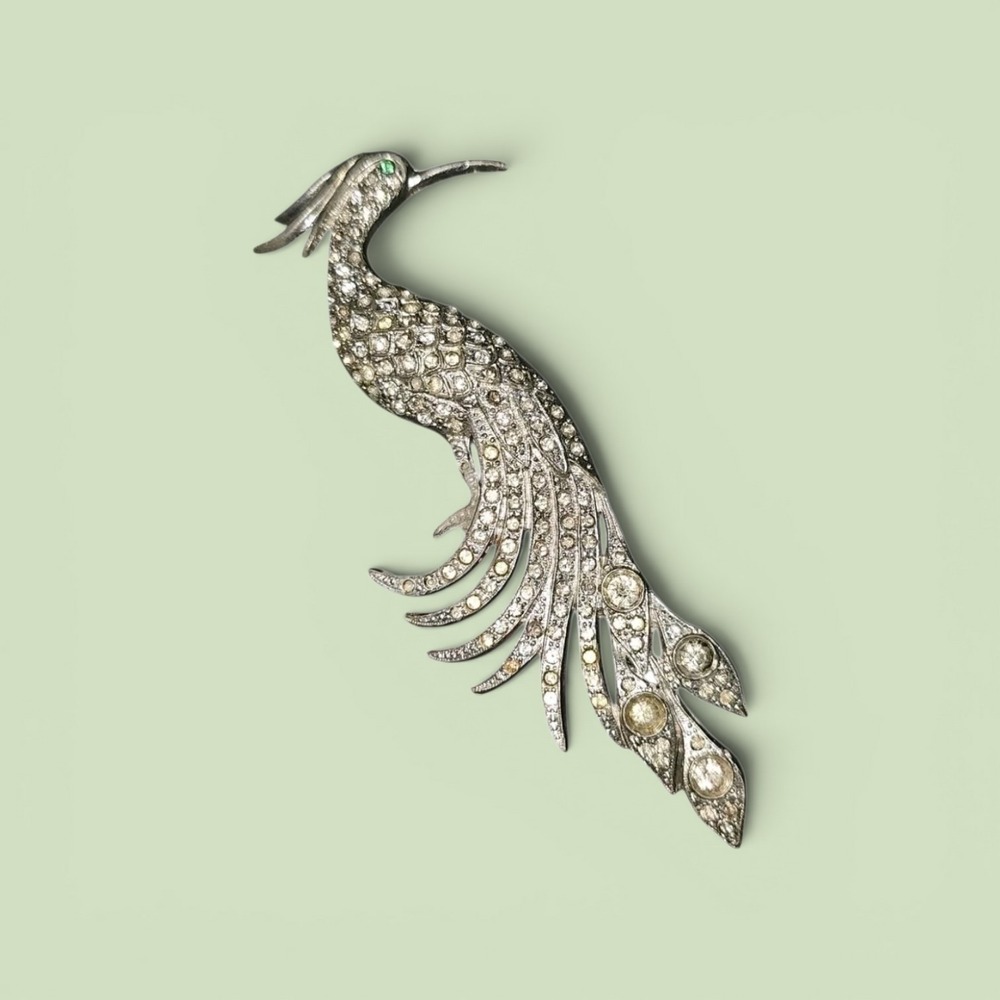 Vintage Silver Tone 1930's Rhinestone‎ Bird of Paradise Statement Brooch Peacock